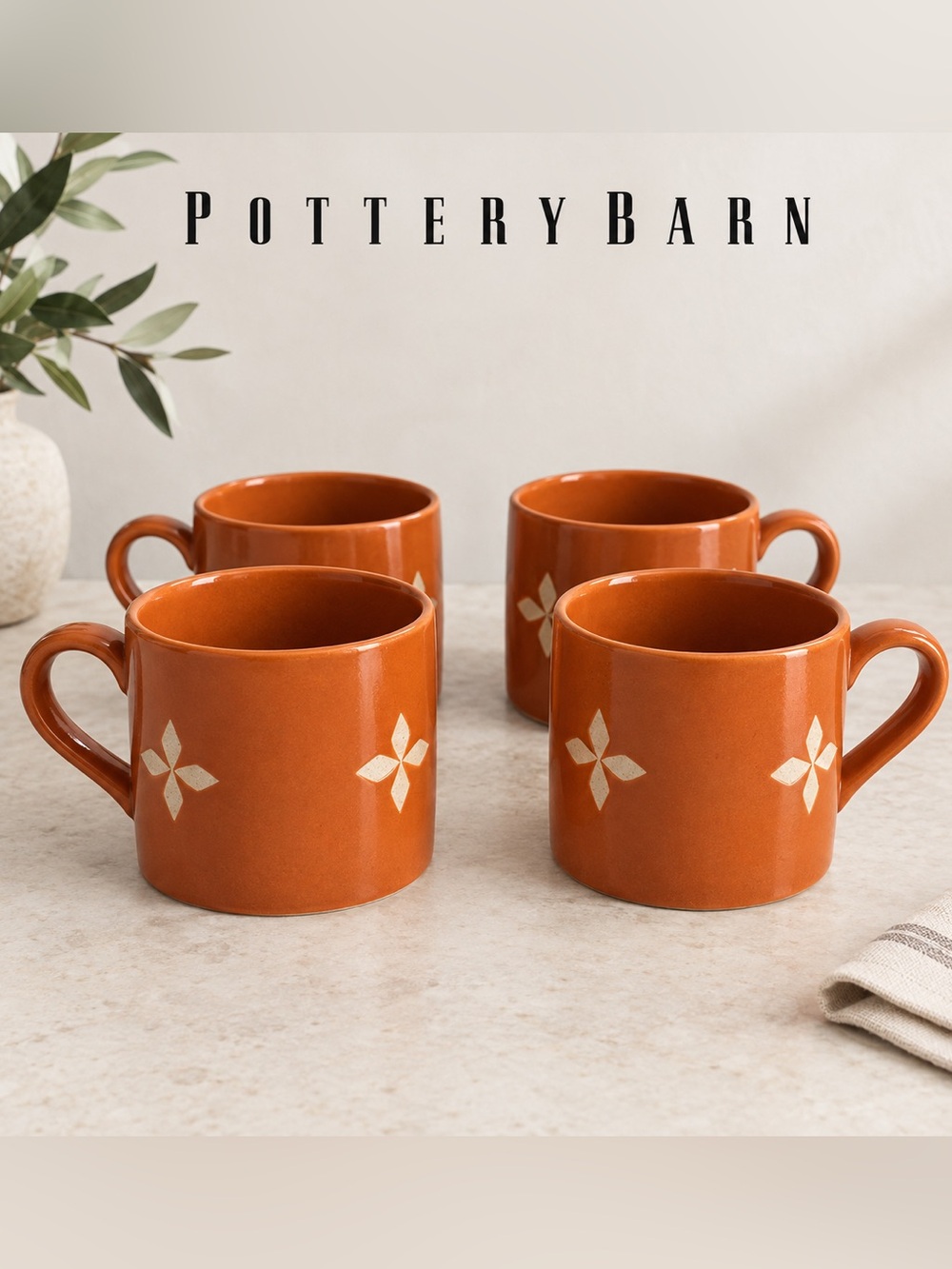 Pottery Barn Mark D. Sikes Clementine Mugs Set of 4 Orange Mugs